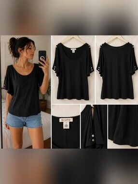 Black Size XS Short Sleeve Cold Shoulder Top with Button Accents